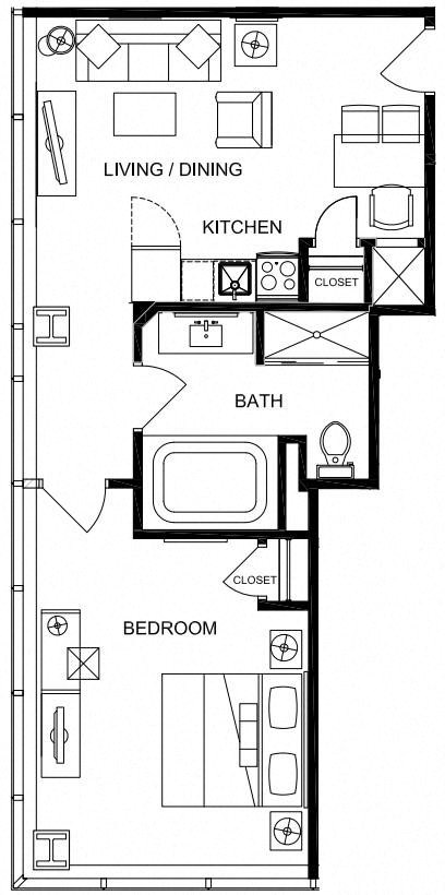 Floor plan for 1 bed, 1 bath, 713 sqft